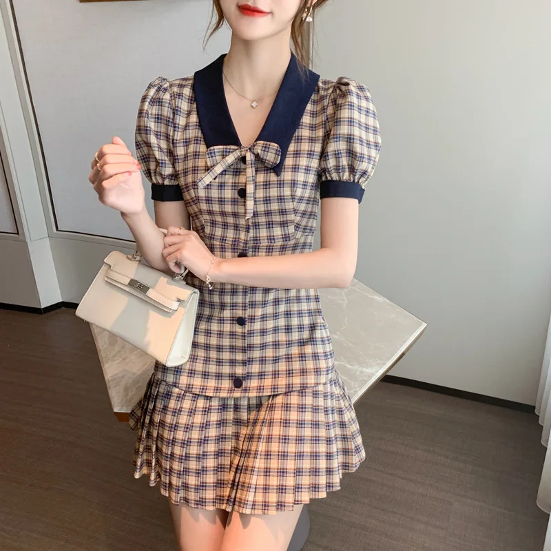 Korean Fashion Vintage Plaid Front Button Pleated OL Office Ladies Dress Sexy Short Dresses Lantern Sleeve Casual Shirt Dress