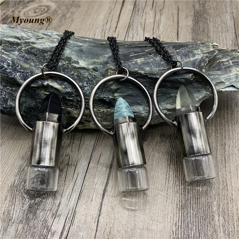 

5PCS Natural Amazonites Lemon Crystal Quartz Obsidian Perfume Essential Oil Diffuser Roll On Bottle Pendant Necklace Women Gift