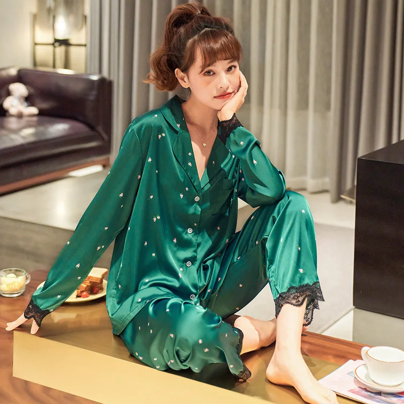 

Spring and Autumn Woman Pajamas Simulation Silk Lace Lapel Cardigan Long-Sleeved Trousers Two-Piece Casual Sweet Female Homewear