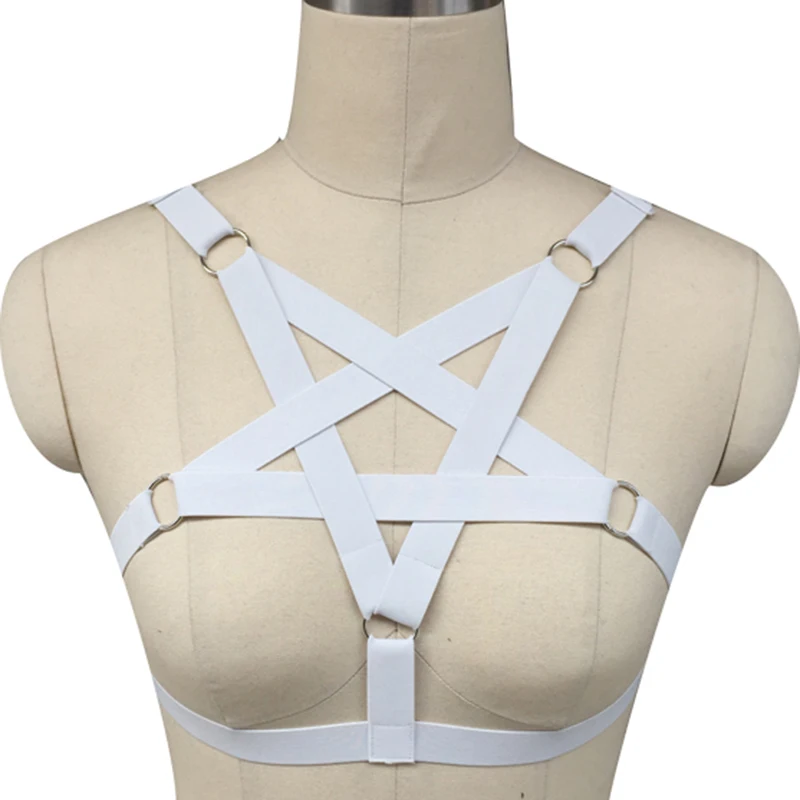 

Punk Goth Underwear White Pentagram Harness Bra for Women Crop Top Body Cage Bralette Fetish Bondage Plus Size Festival Rave