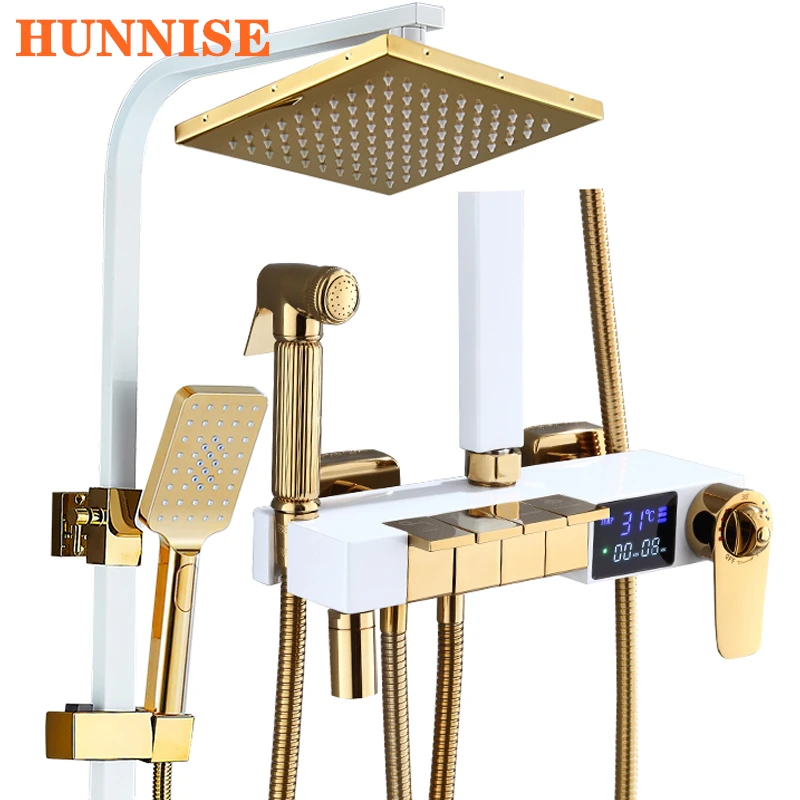 Thermostatic Piano Shower Set with 9 Inch Stainless Steel Shower Head Brass Bathroom Faucets Piano Digital Shower System Faucets