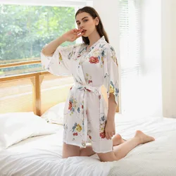 White Print Flower Bride Wedding Robe Silk Satin Women Sleewpear Kimono Bathrobe Gown Casual Half Sleeve Nightdress Home Clothes