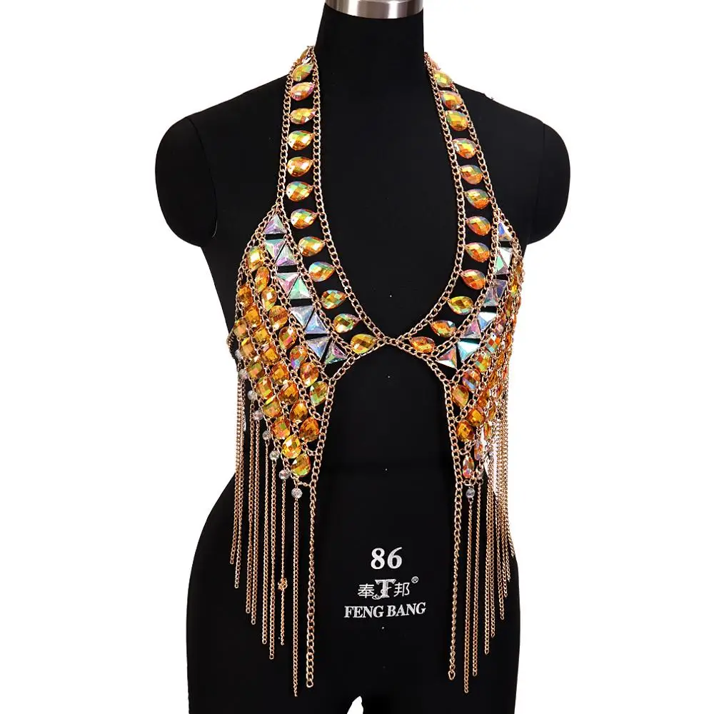 Jewelry Crystal Necklace Chest Sequins Colourful Metal Tassel Top Bikini Dance Rave Sexy Body Chain Cage Women Harness Plus Size