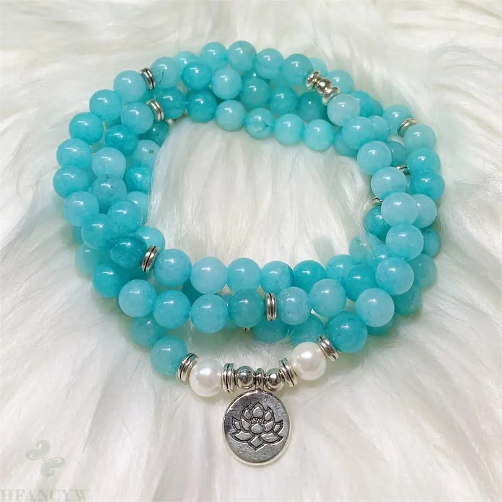 8mm Aquamarine 108 Bead White Pearl Lotus Pendant Mala Bracelet Meditation Yoga Mala Yoga Handcrafted Cuff Lucky Stress Chakra