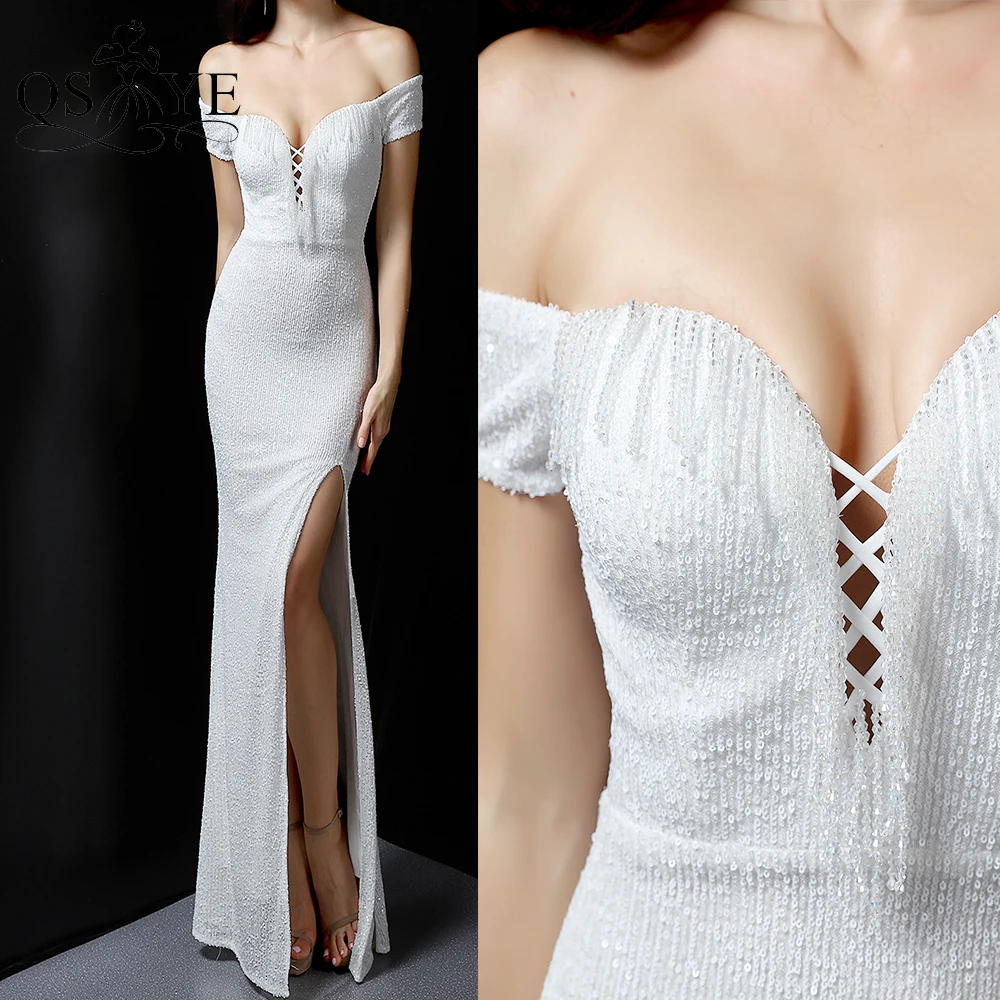 

White Sequin Long Prom Dress Split Mermaid Evening Gown Bead Crystals Formal Party Gown Side Sleeves Off Shoulder Evening Dress