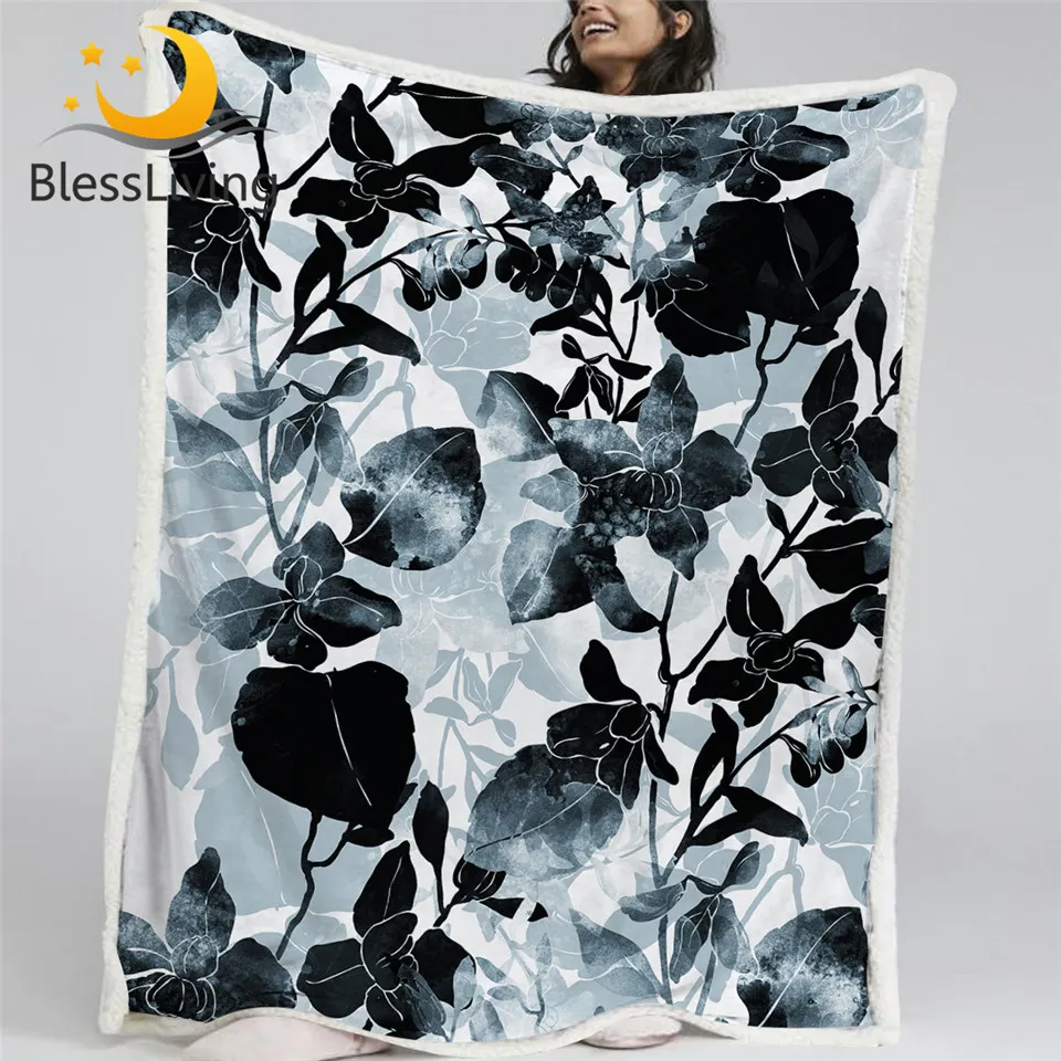 

BlessLiving Flower Blankets For Beds Black Watercolor Plush Blanket Floral Luxury Sherpa Blanket Elegant Custom Blanket Dropship