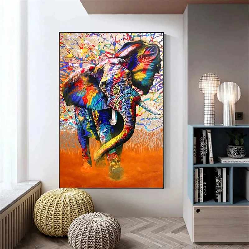 Colored Elephant Oil Painting Print on Canvas Abstract Elephant Graffiti Canvas Poster Animal Street Art Picture Home Wall Decor