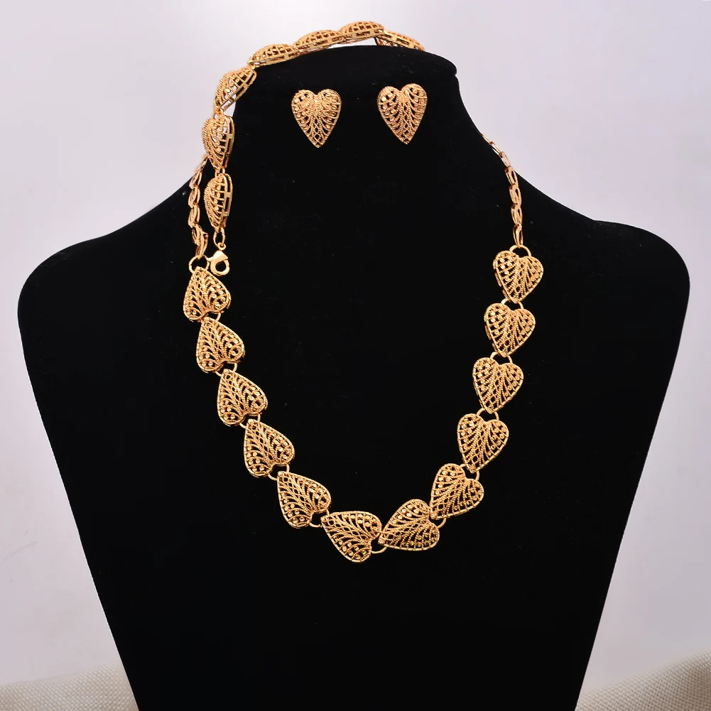 

Jewelry set 24K Gold Color Jewelry Sets For Women Bridal Luxury Necklace Earrings set Indian African wedding Heart gifts