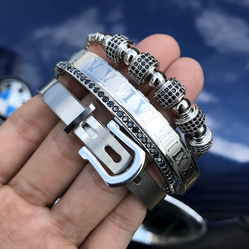 4pcs/Set Hot Men Titanium Steel Roman Numeral Bracelet Horseshoe Buckle Bangles Pulseira Bileklik Luxury Handmade Jewelry