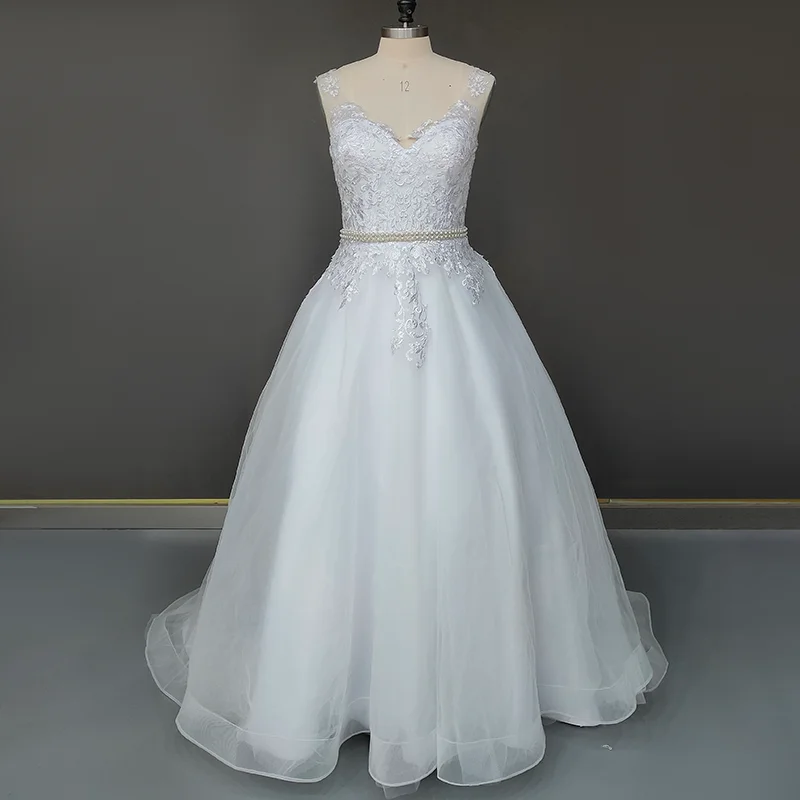 11531 # 100% fotos reais sem mangas miçangas a linha aberta voltar com decote em v tule renda applique vestido de casamento vestido de noiva vestido de noiva