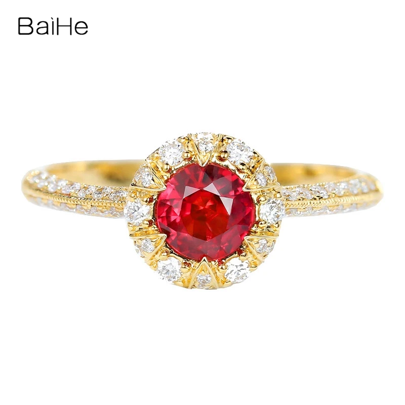 

BAIHE Solid 14K Yellow Gold Natural Ruby Diamond Round Ring Women Wedding Engagement Trendy Fine Jewelry Making Anneau rond