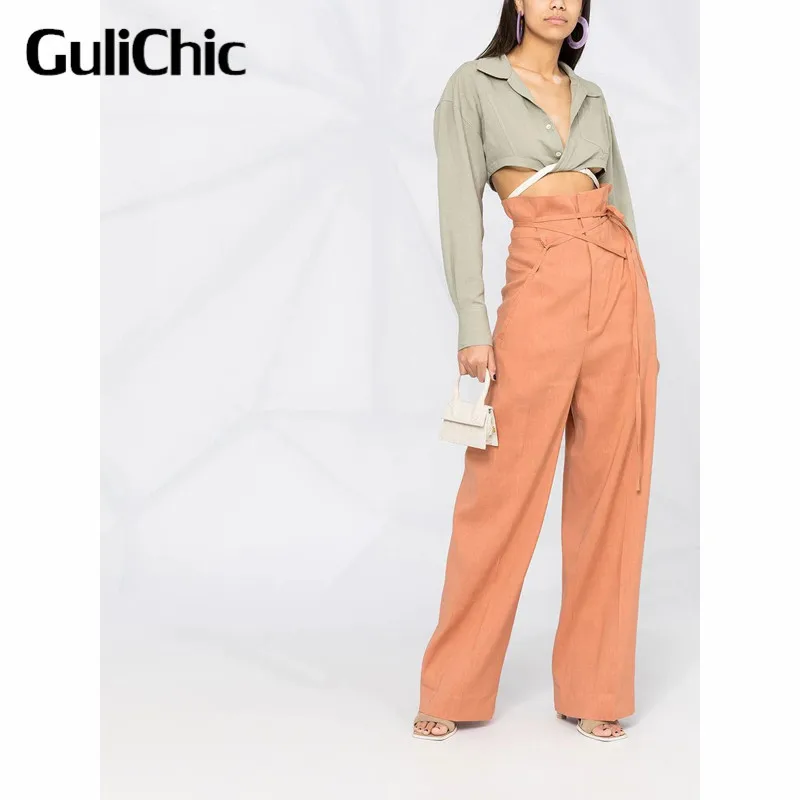 3.9 HIGH END QUALITY Hemp Bandage Wide Leg Pants Female Fashion High Waist Straight Trousers