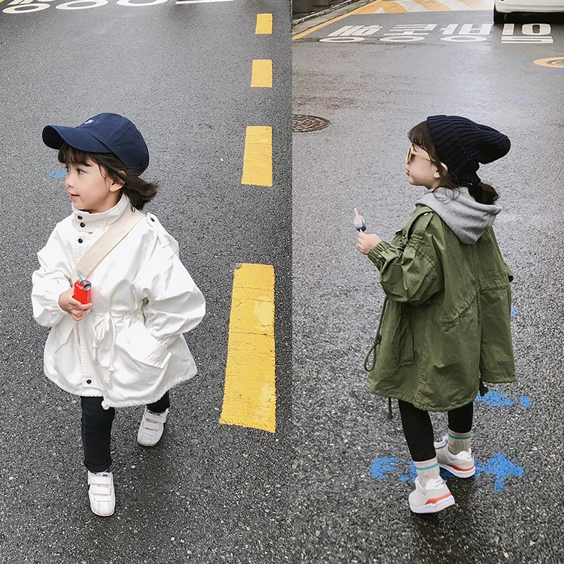 

3-8Y Kids Girls Jackets Windbreaker Coats All-Match White Green Fashion Outerwear 21 Spring And Autumn New Children Clothes