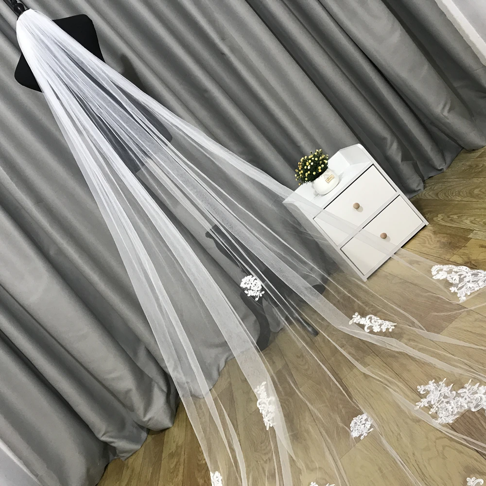 Fotos reais branco/marfim casamento véu 3m longo pente laço mantilla catedral véus de noiva acessórios de casamento veu de noiva