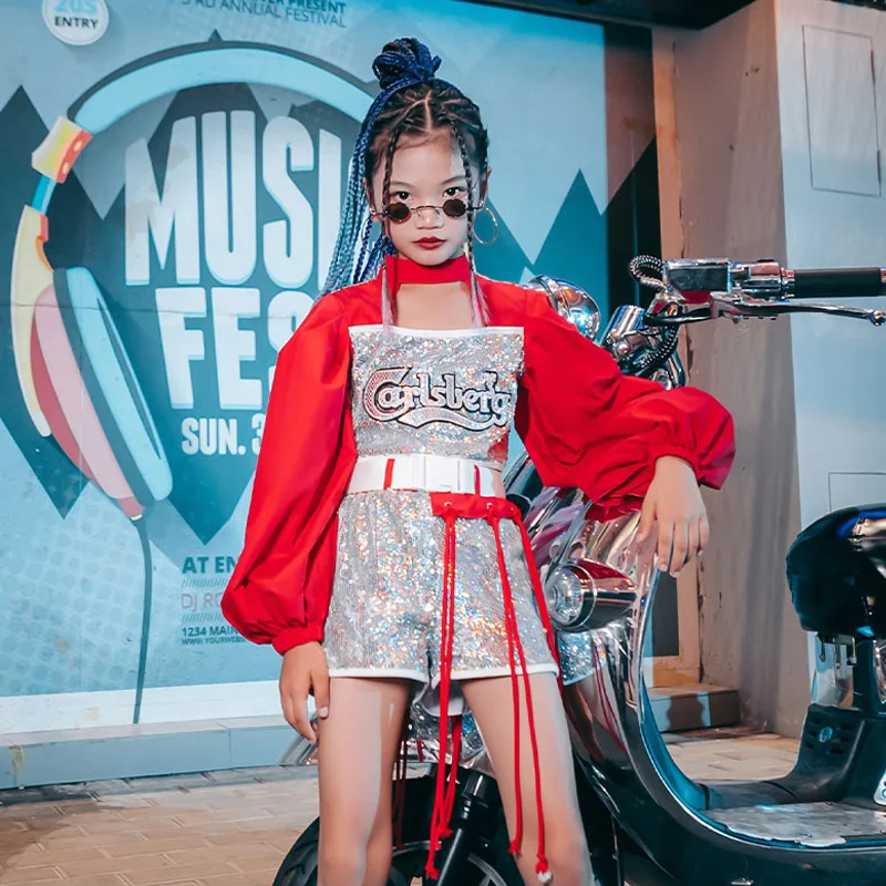 

Jazz Dance Costumes For Kids Shiny Sequin Red Clothes Modern Street Dance Stage Performance Clothing Girls Hip Hop Suit DQL6300