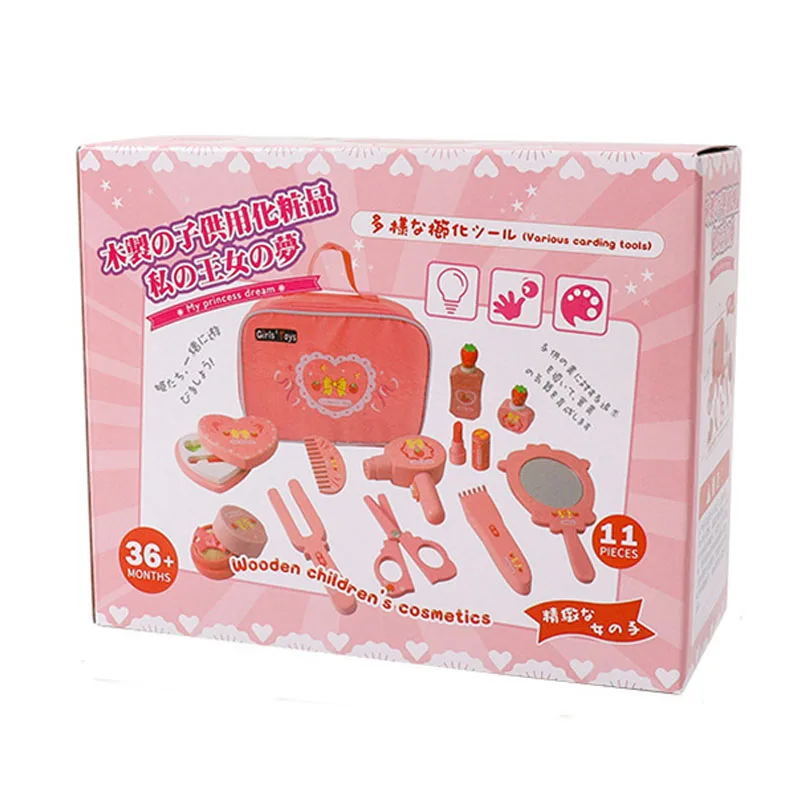 Wooden Makeup Kit With Cosmetic Bag Girls' Pretend Play Simulation Make Up Set Princess Beauty Play House Toy Lipstick Eyeshadow