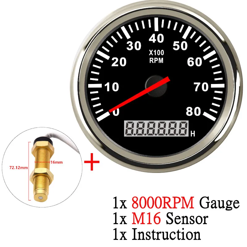 Kundenspezifischer 12 V 24 V Auto-Drehzahlmesser, digitaler Tachometer, 6000 U/min, Marine-Drehzahlmesser mit Betriebsstundenzähler, 85 mm Auto-Messgerät mit M16-M18-Sensor