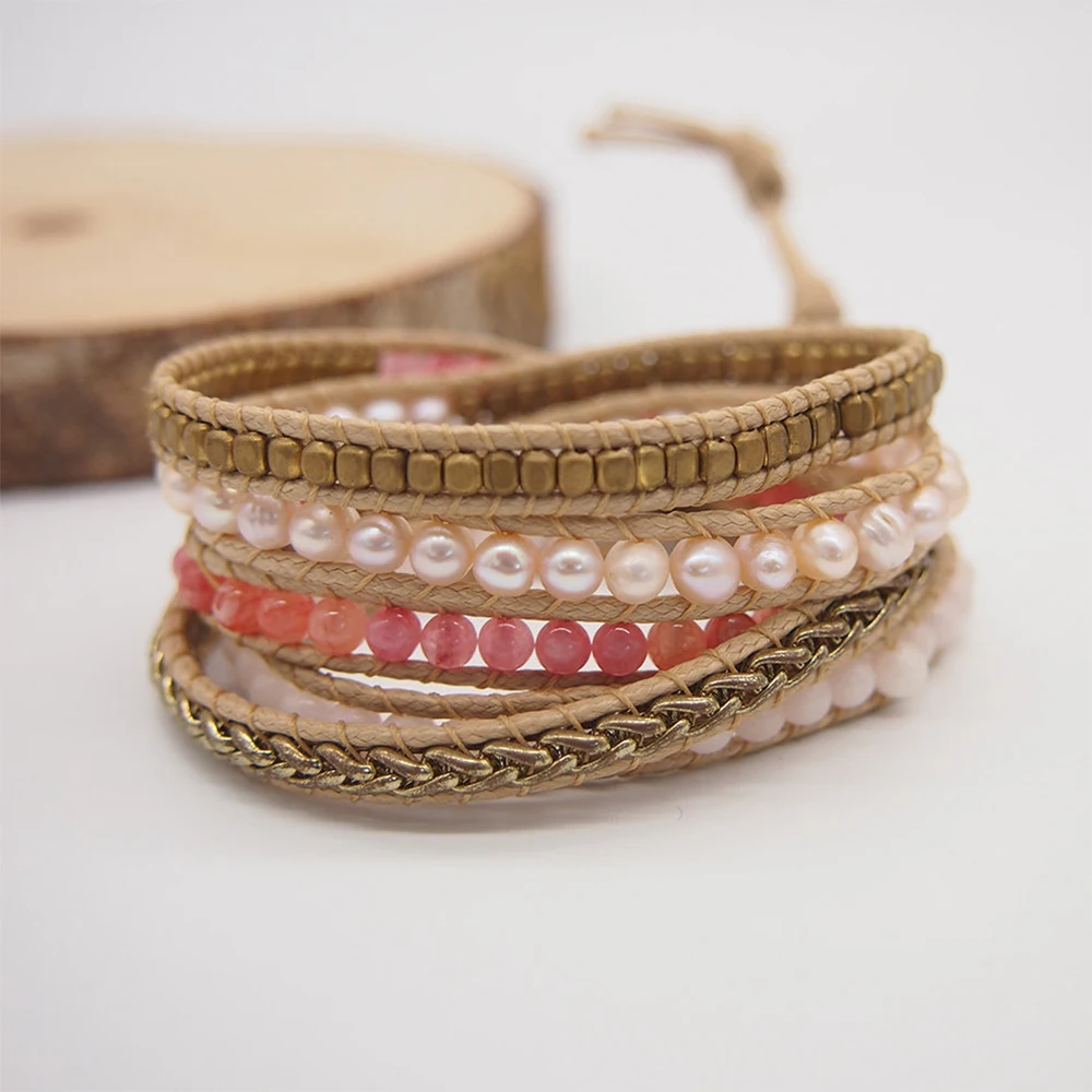 5 Times Wrap Bracelet Mix Freshwater Pearl Cherry Quartz Plated Chain and Plated Brass Bracelet Jewelry for Women Gift