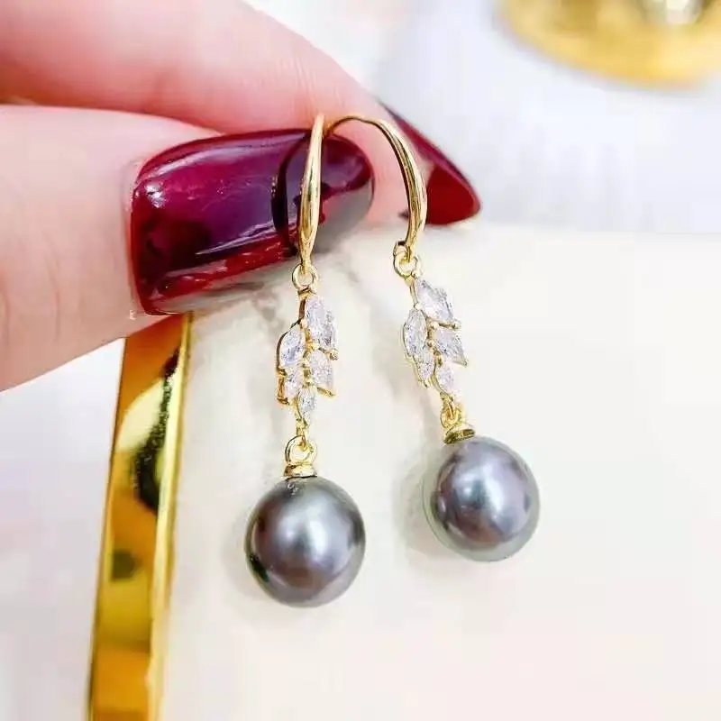 RY Pure 925 Sterling Silver Round 9-10mm Fresh Water Black Pearls Studs Earrings Women Fine Pearl Earrings Clasps