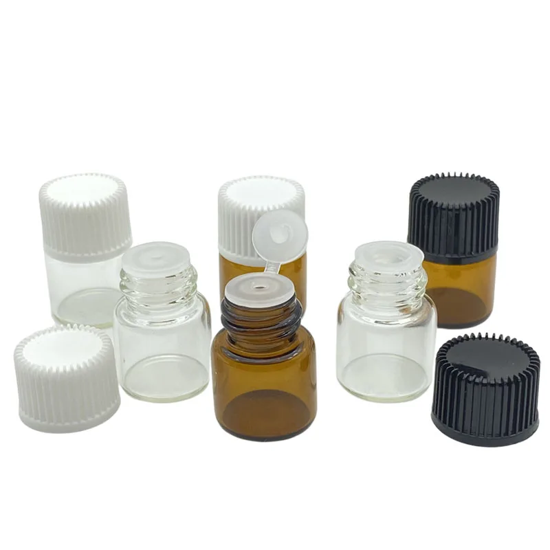 

300pcs Liquid Perfume Sample Amber Glass Bottle with Orifice Reducer and Cap Small Essential Oil 1ml Clear Vials