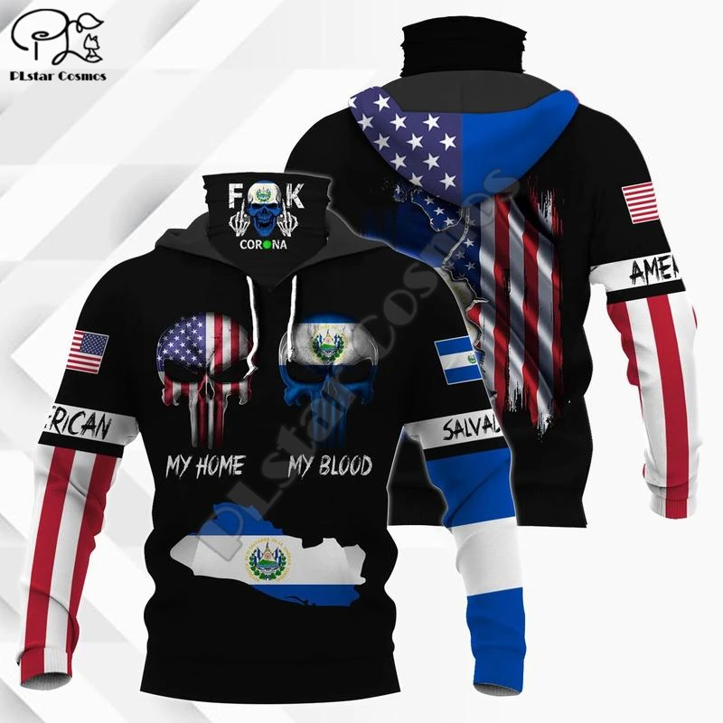 PLstar Cosmos Skull America El Salvador Flag 3D Printed New Fashion Men's Mask Hoodies Winter Casual Windproof Clothing  Style-2