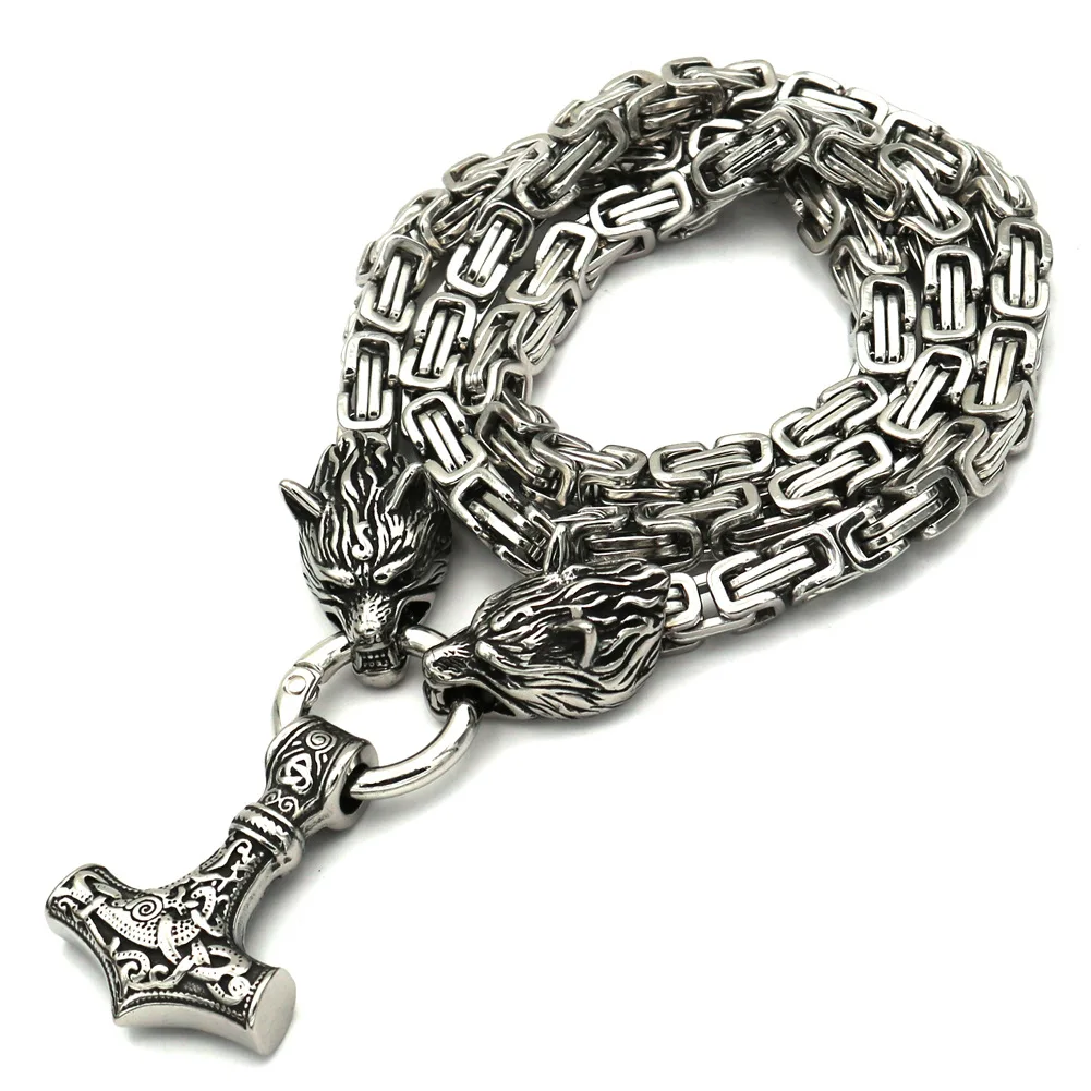 

Nordic Viking Quake Hammer Men's Wolf Pendant Necklace Handmade Chain 80cm Silver EDC Self Defense Stainless Steel Neck Lace