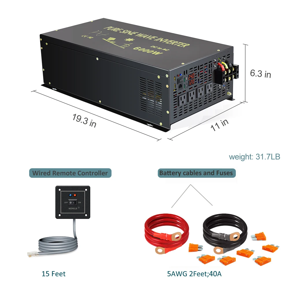 6000W Pure Sine Wave Power Inverter 24V 120V Solar Panel Converter 12V/36V/48V DC to AC 110V/220V/230V USB Port Wired Control