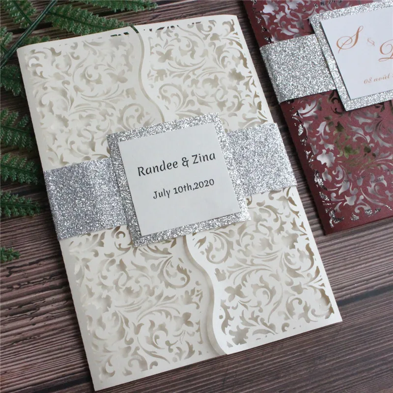 Elegant wedding invitations ivory laser cutting flower design personalized invite glittery silver backing belly band 50 pcs