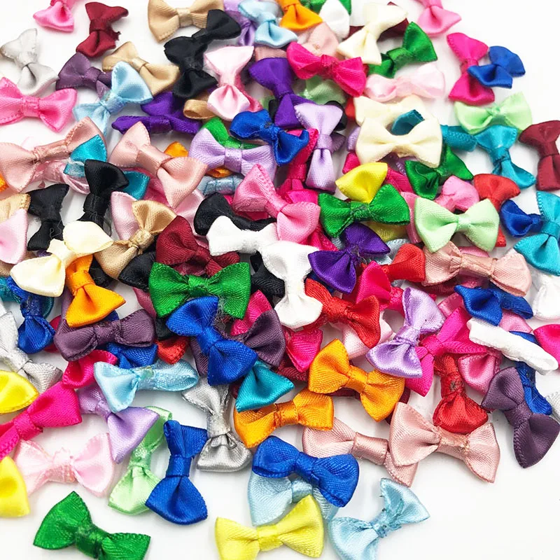 100 pcs  Lots Upick Small Satin Ribbon Bows Flower Appliques sew Craft Kid\'s cloth B128