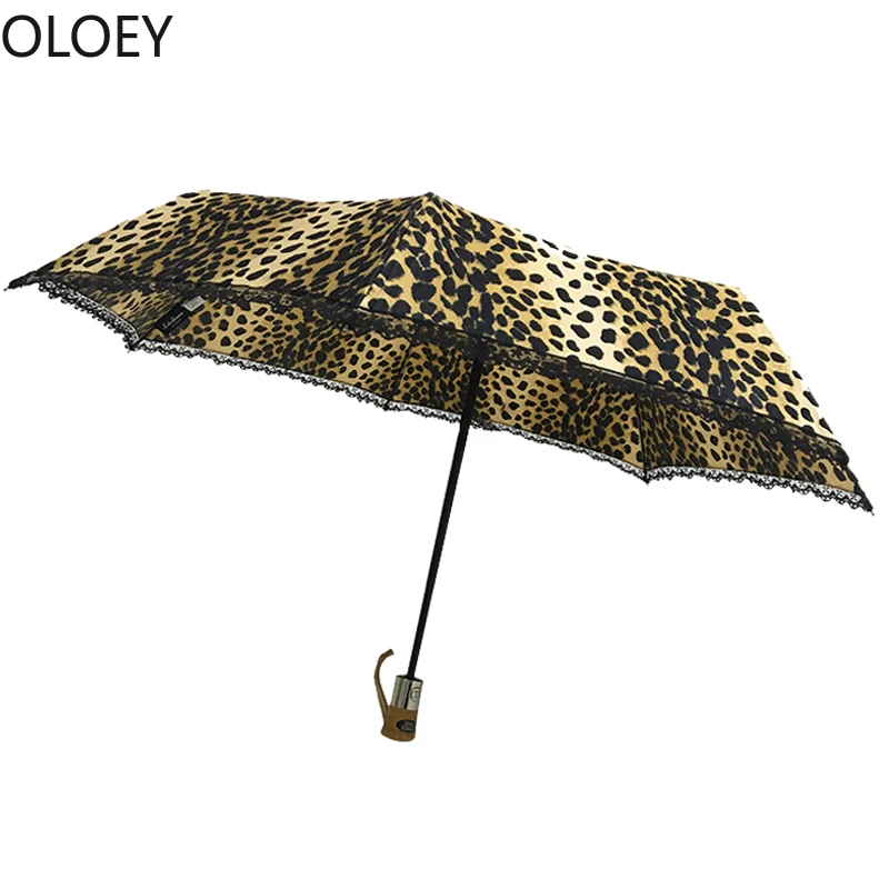 Big Full Automatic Umbrella Sun Parasol Folding Creative Leopard Pattern Lace Uv Umbrella Rain Women St. Patrick\'s Day Umbrellas