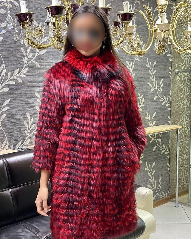Women's Striped Real Silver Fox Fur Coat, Long Cardigen with Wool Lining, Big Size Clothes, Elegant Outwear, Spring, Lux18A09164