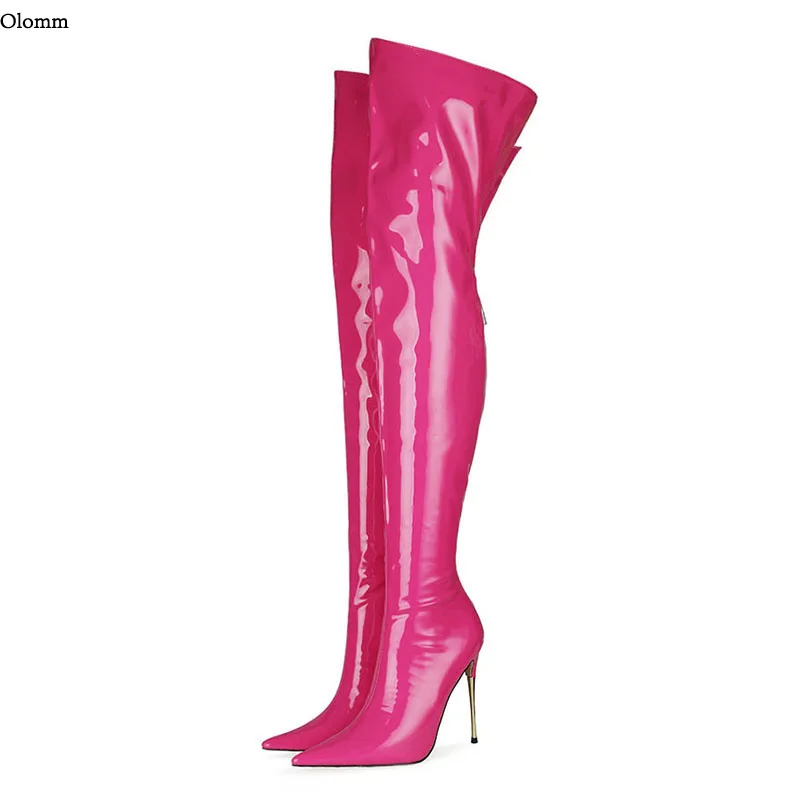 Olomm Women Winter Thigh Boots Patent Stiletto Heel Pointed Toe Gorgeous Red Fuchsia White Black Club Shoes Women US Size 5-13