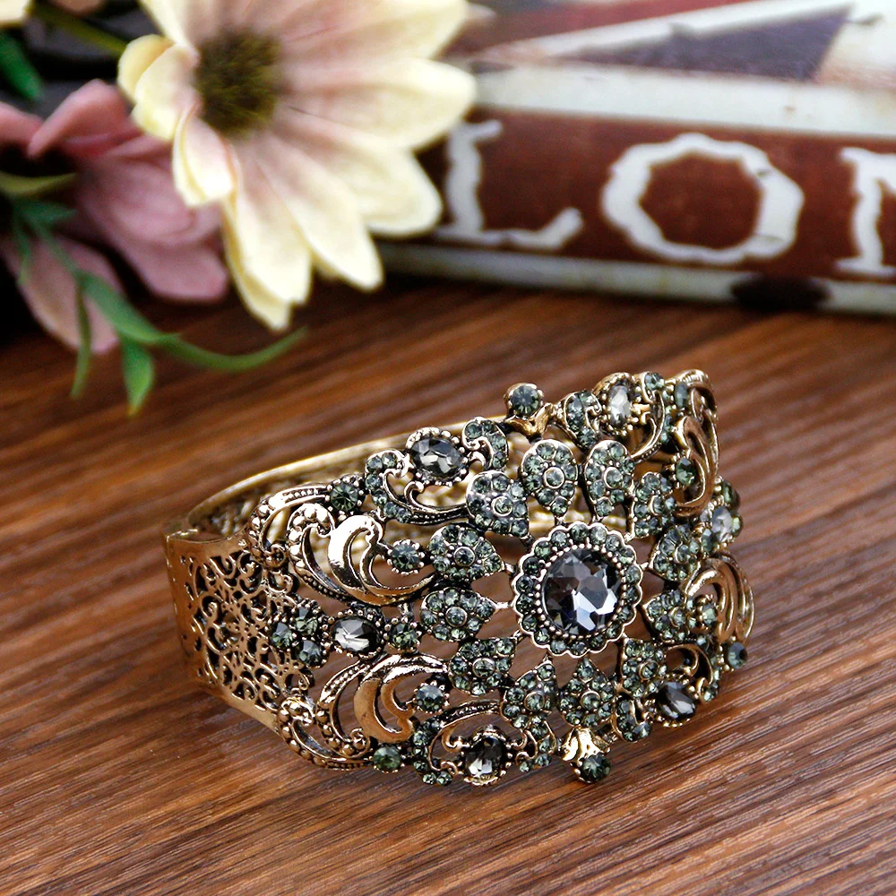 Sunspicems Vintage Indian Turkish Bangle Cuff Bracelet For Women Antique Gold Color Crystal Bohemia Algeria Wedding Jewelry