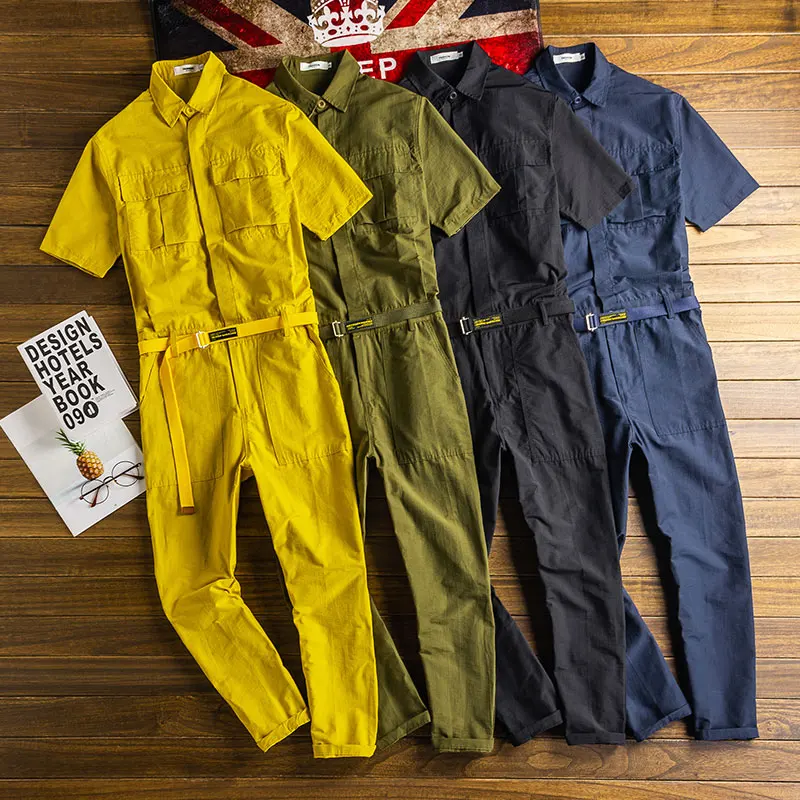 2021 Summer Thin Short Sleeve Men Jumpsuit Lapel Multi-Pocket Breathable Overalls Fashion Black Yellow Pants Workwear Trousers