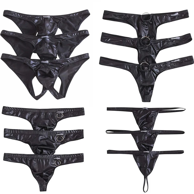 3PCS/Lots Sexy Men Thong G-string Jockstrap PU Leather Micro Bikini Exotic T-back Panties Gay Thongs Latex Panties Tangas Briefs