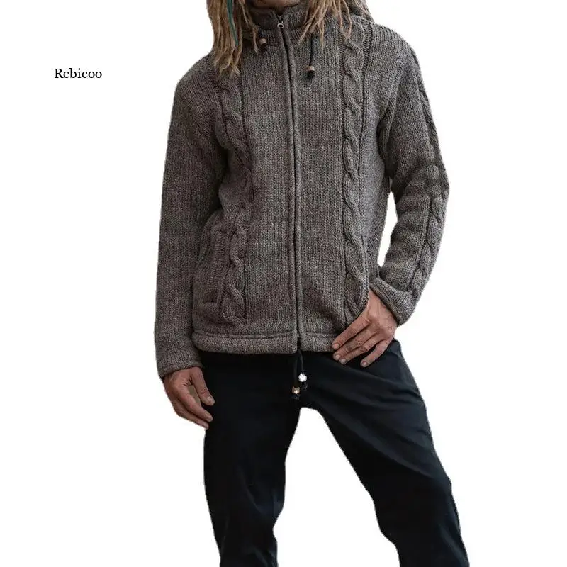 

Men's Hooded Knitwear Cardigan Jacket Men Solid Color Zipper Sweater European and American Men's Jacket Autumn Winter New