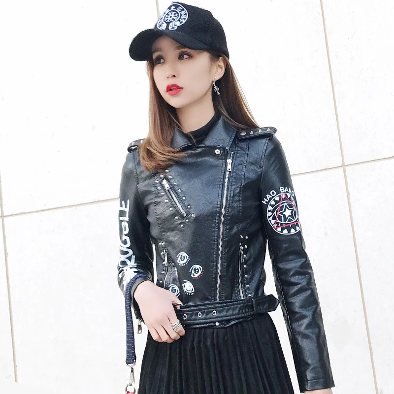 Spring Punk PU leather jacket female fashion brand Slim street style printed motorcycle clothing leather jacket wj964 wholesale