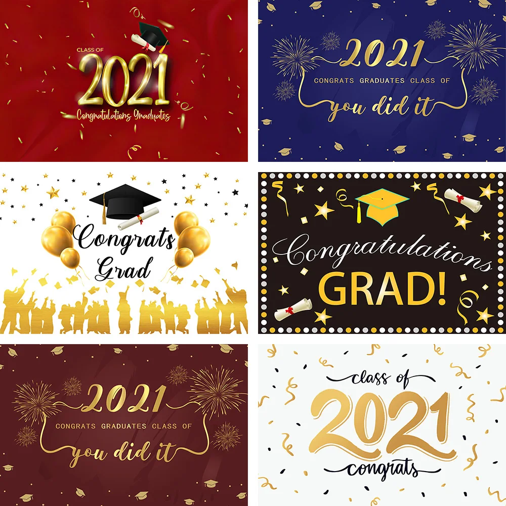 Congratulations On Graduation 2021 Backdrop Bachelor Hat Gold Balloon Star Firework Photography Background Photostudio Photozone