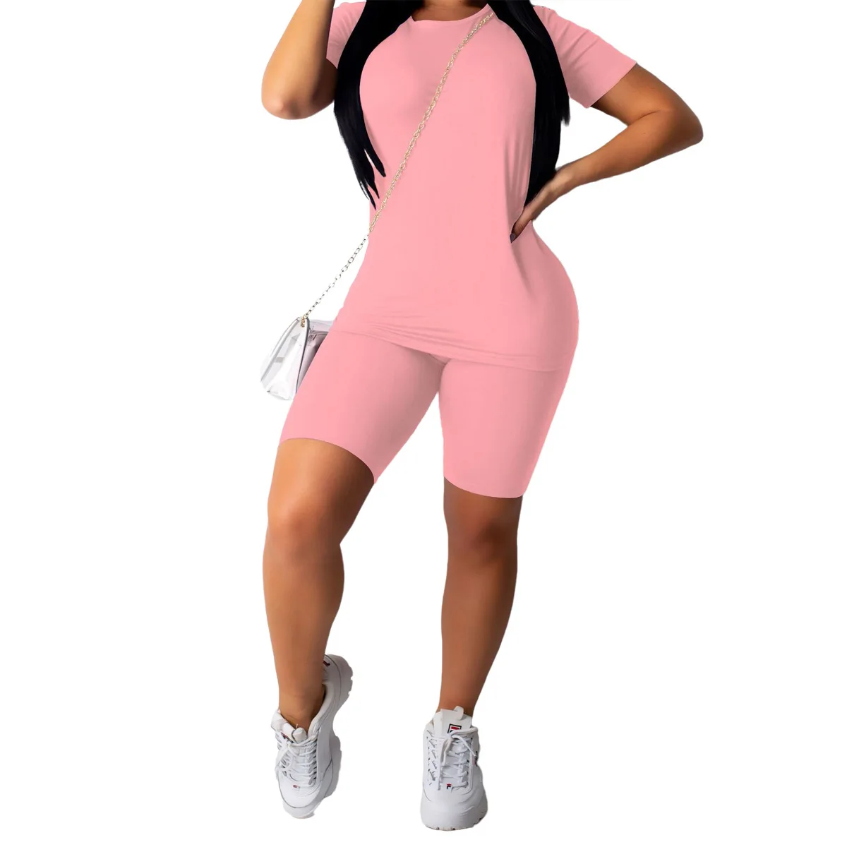 8Colors Solid Sports Suits Women Sets 2Pieces Running Fitness Clothing Short Sleeve T-Shirt+Biker Shorts Female Tracksuits