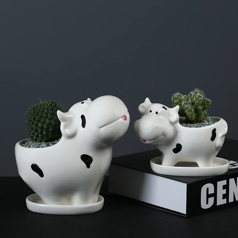 

Cute Cartoon Mini Cow Flower Pot Ceramics Flowerpot Succulent Plant Container Green Planters Small Bonsai Pots Home Decoration