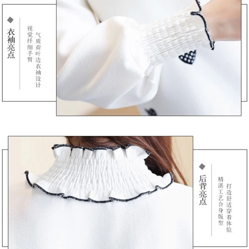 Women Spring Autumn Style Blouses Shirts Lady Casual Long Sleeve Turtleneck Heart Embroidery Blusas Tops DF3140