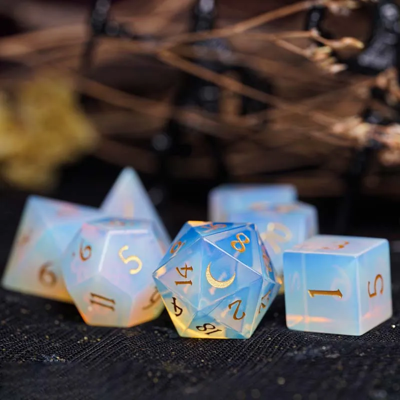 Handmade Stone Engraved Polyhedral D&D Dice Set White Opal Moon Logo Dice For TRPG COC DND Board Table Games Gifts D12 D20 D6