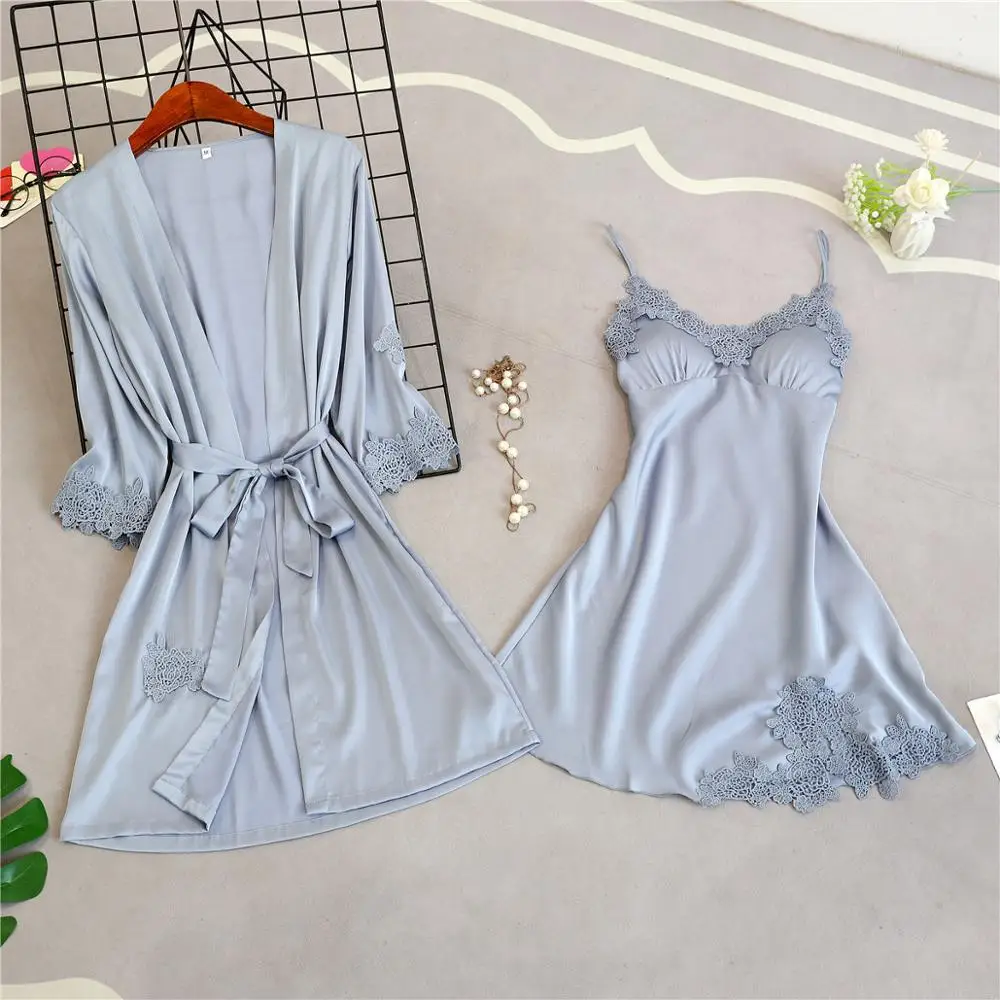 Robe Gown Sets Women Summer Lace Silk Dress Leisure Elegant 2pcs Sleep Lounge Robe Sleepwear Womens Nightdress Soft Bathrobe New