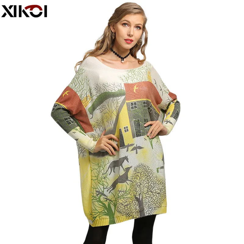 XIKOI Oversize Sweater Women Pullover Dress Pull Femme Relax Countryside Style Print Knitted Winter Warm Clothes Batwing Sleeve