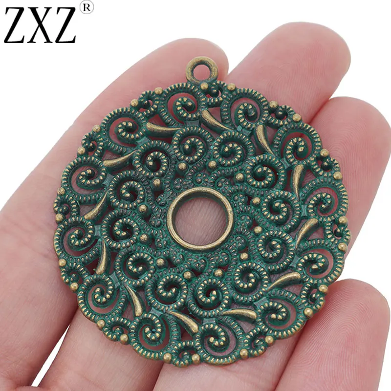 ZXZ 5pcs Verdigris Patina Green Large Hollow Open Filigree Flower Round Circle Charms Pendants for Jewelry Making Findings