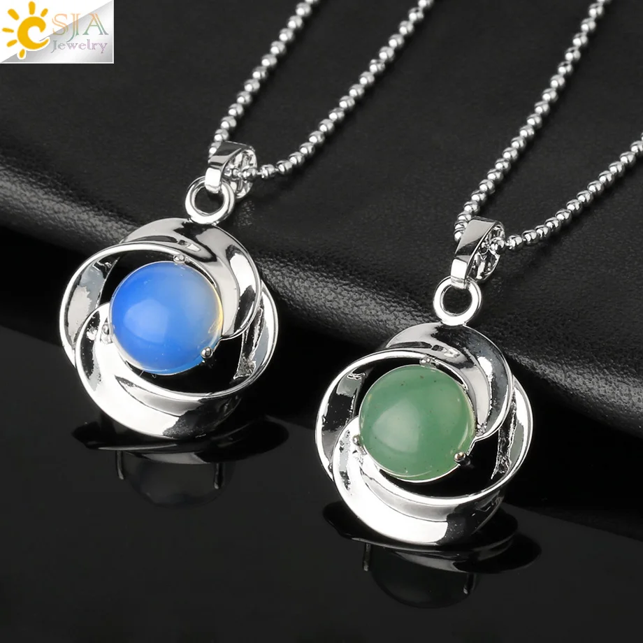 CSJA Natural Stone Pendant Necklace Silver Color Rose Flower Tiny Pendants Cabochon Reiki Crystal Women Charm Jewelry G502