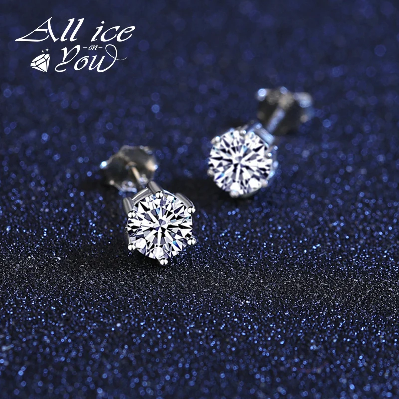 ALLICEONYOU 925 Classic Silver 0.5/1ct E Color Moissanite VVS Fine Jewelry Diamond Stud Earring 6 claw Women Gift