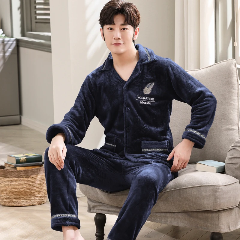 L-3XL flannel pajama sets for men winter thick keep warm pajamas long sleeve pyjama male homewear pijamas hombre