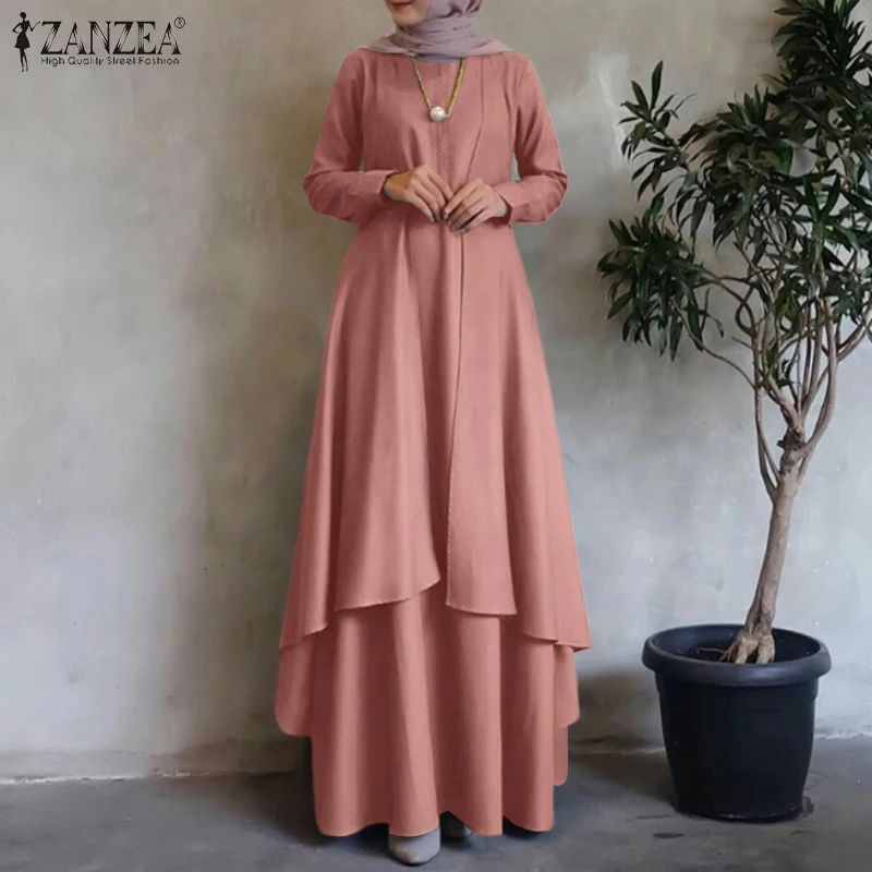 Irregular Hem Loose Long Dress Dubai Turkey Abaya Hijab Sundress Oversized ZANZEA Women Long Sleeve Muslim Kaftan Maxi Dresses