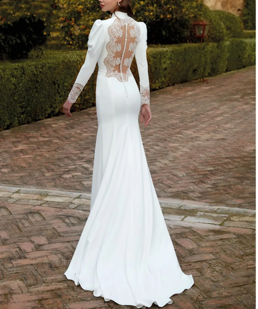 Abito da sposa a sirena Dubai 2021 maniche lunghe bottoni splendidi abiti da sposa bianco fessura invernale abiti formali Applique in pizzo